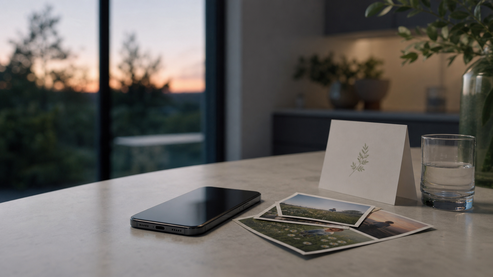 Phone and family photos on a quiet kitchen table